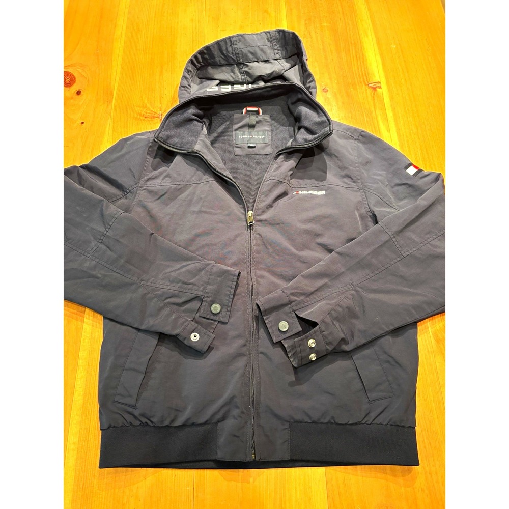 Tommy Hilfiger Men's M Black Hooded Jacket Full Zip Nylon Bomber Flag Logo